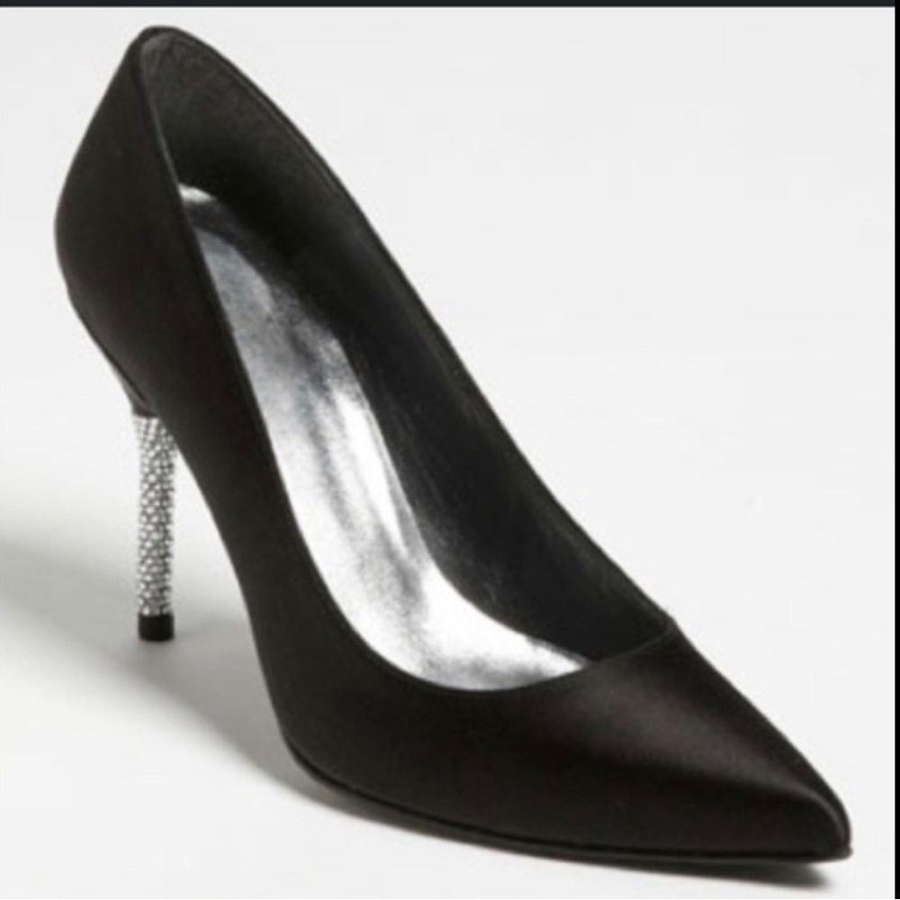 Stuart Weitzman Black Satin and rhinestone stilettos